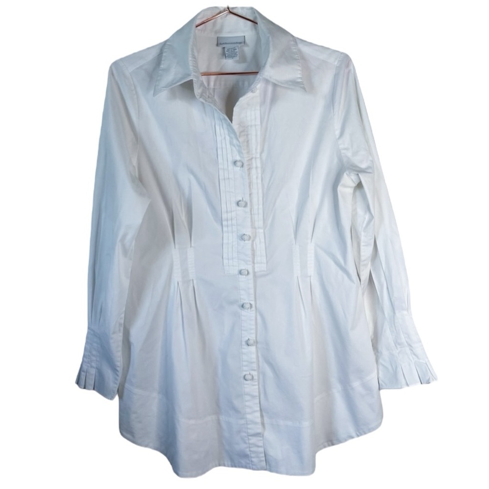 Soft Surroundings White Button Up Long Sleeve Blouse Pleated Cuff Career